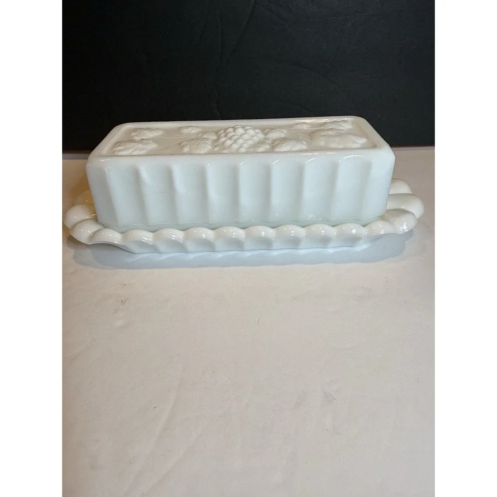 Westmoreland Paneled Grape Milk Glass Covered Butter Dish with Tray